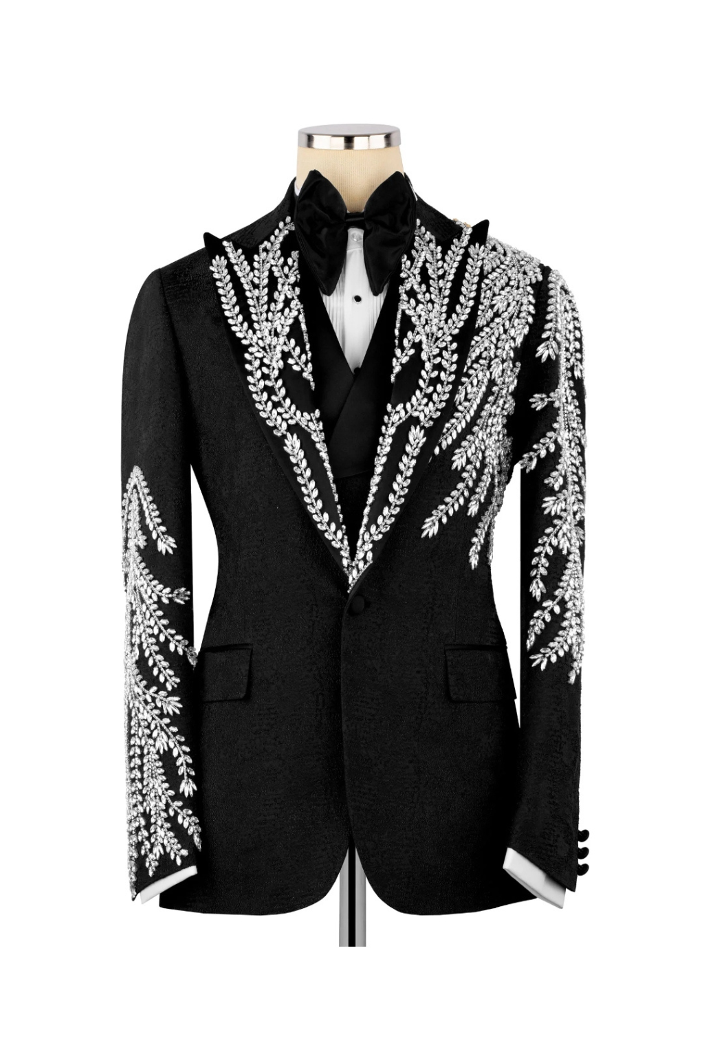 Black Crystal Embroidered Tuxedo Blazer
